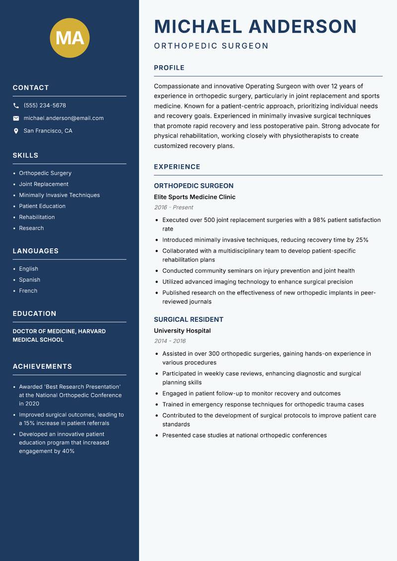 Operating Surgeon resume template — Classic Clean