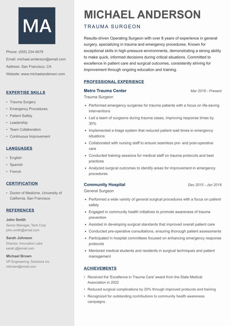 Operating Surgeon resume template — Creative Minimal