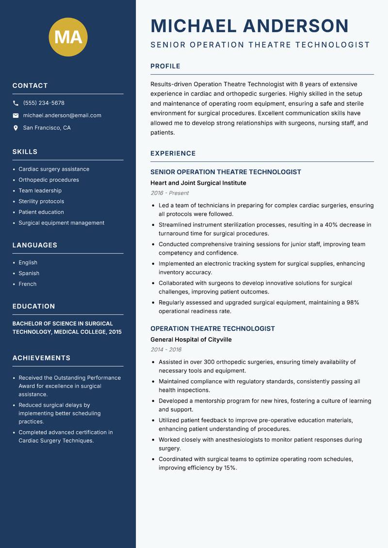 Operation Theatre Technologist resume template — Classic Clean