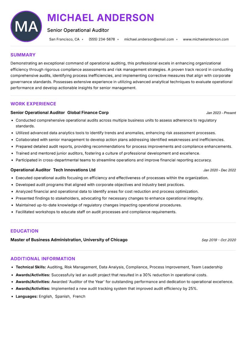 Operational Auditor resume example — ATS-friendly template