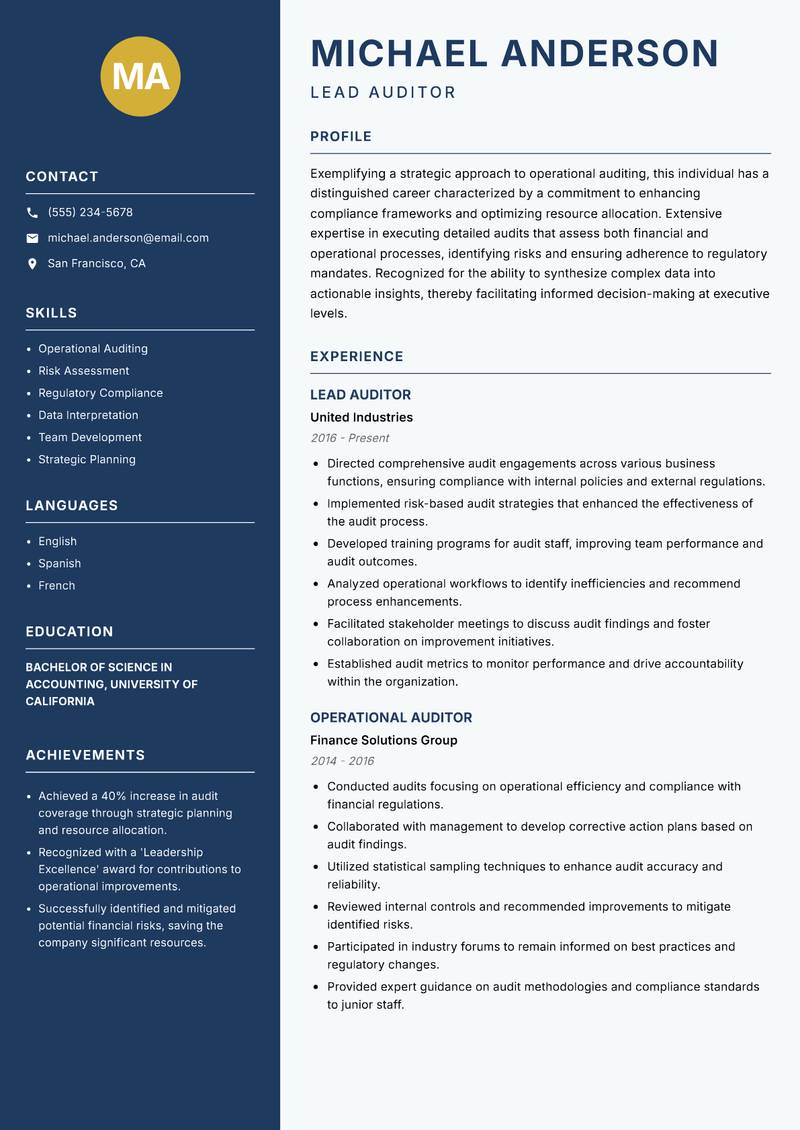 Operational Auditor resume template — Classic Clean