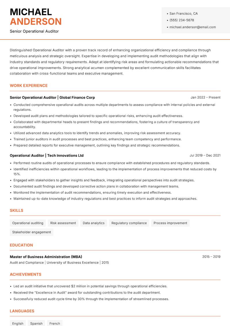 Operational Auditor resume template — Modern Professional