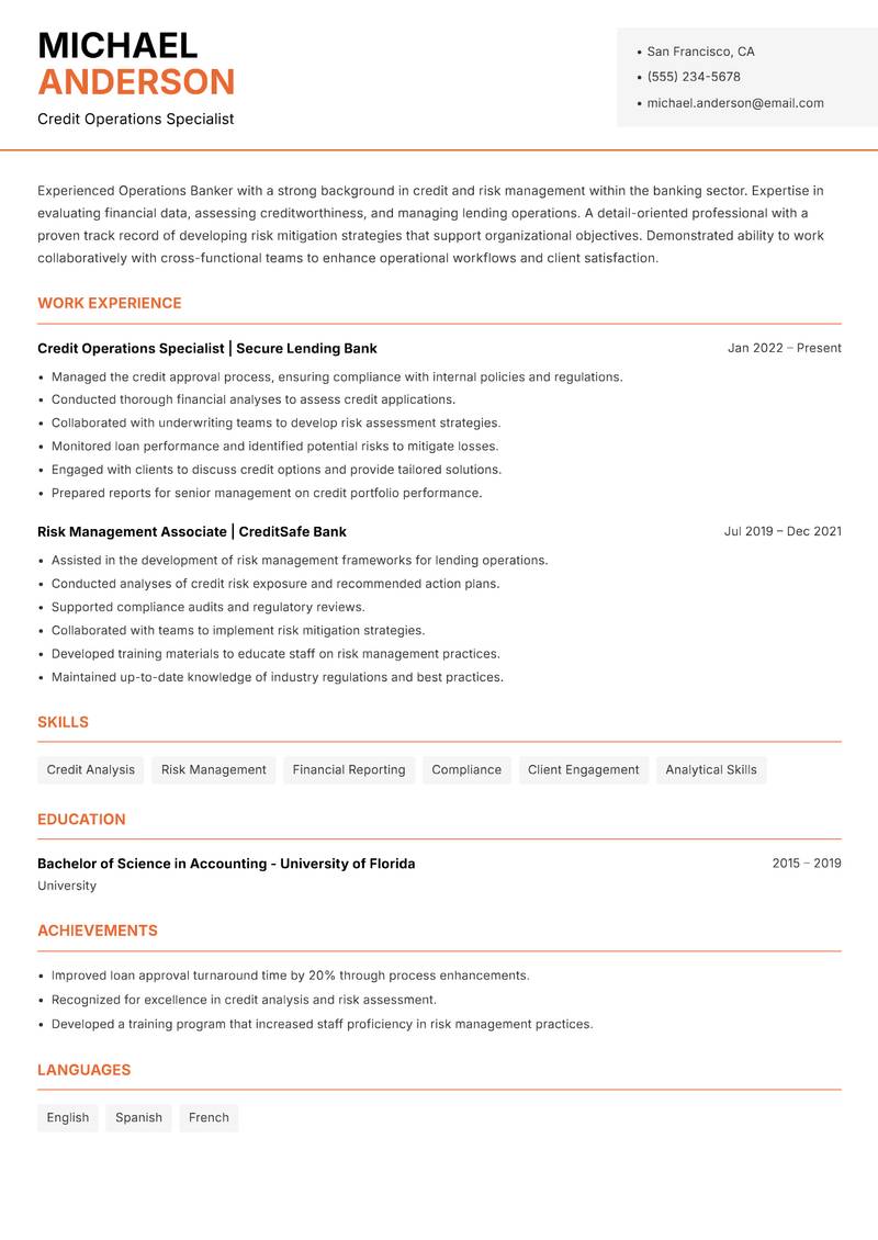 Operations Banker resume template — Modern Professional