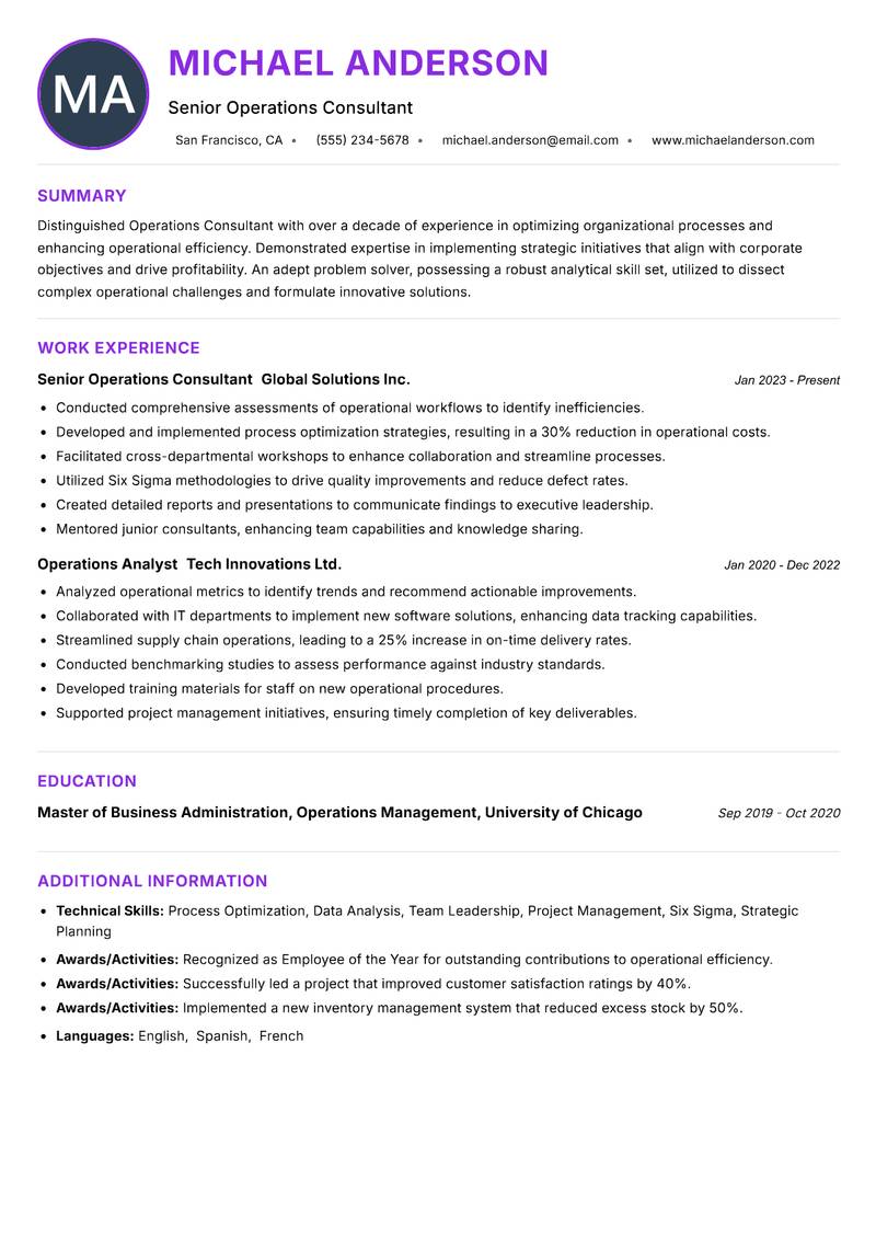 Operations Consultant resume example — ATS-friendly template