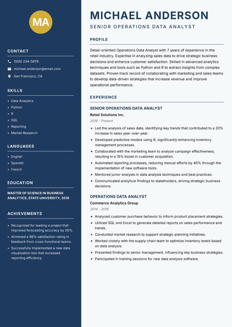 Operations Data Analyst resume template — Classic Clean