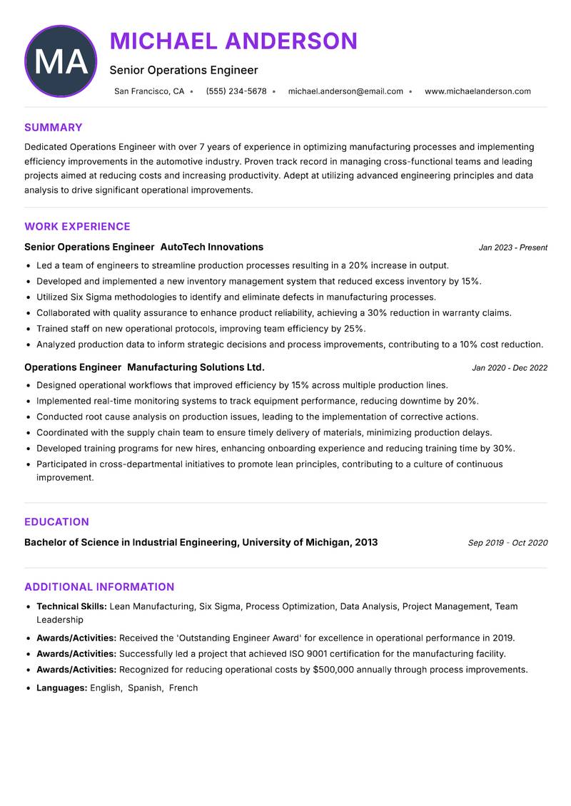 Operations Engineer resume example — ATS-friendly template