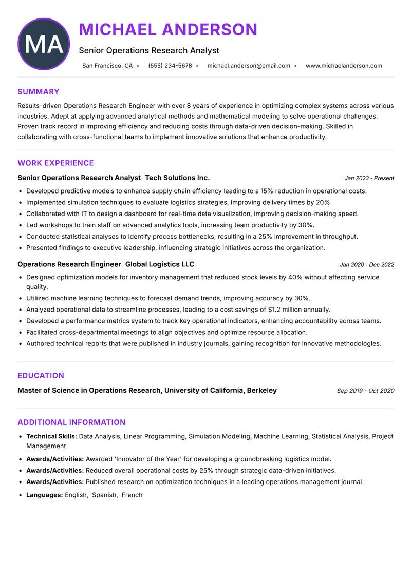 Operations Research Engineer resume example — ATS-friendly template