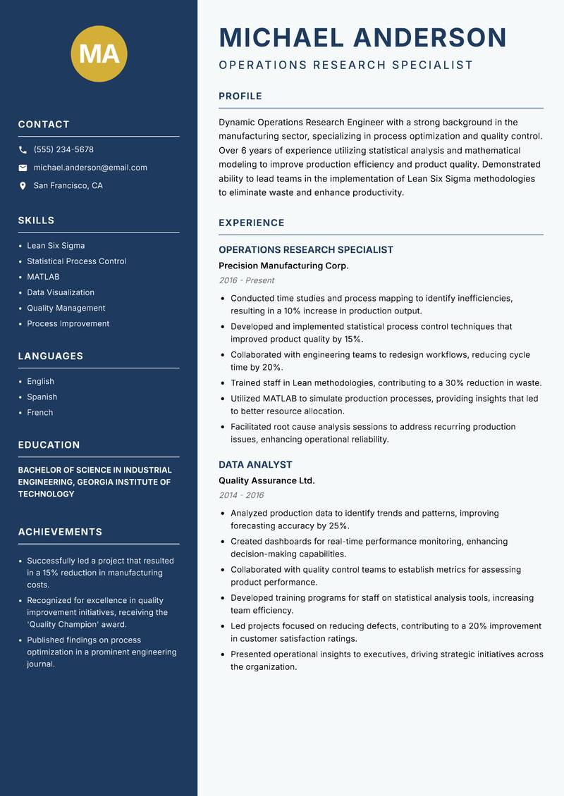 Operations Research Engineer resume template — Classic Clean