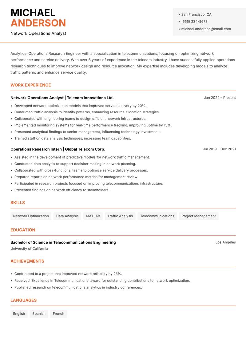 Operations Research Engineer resume template — Modern Professional