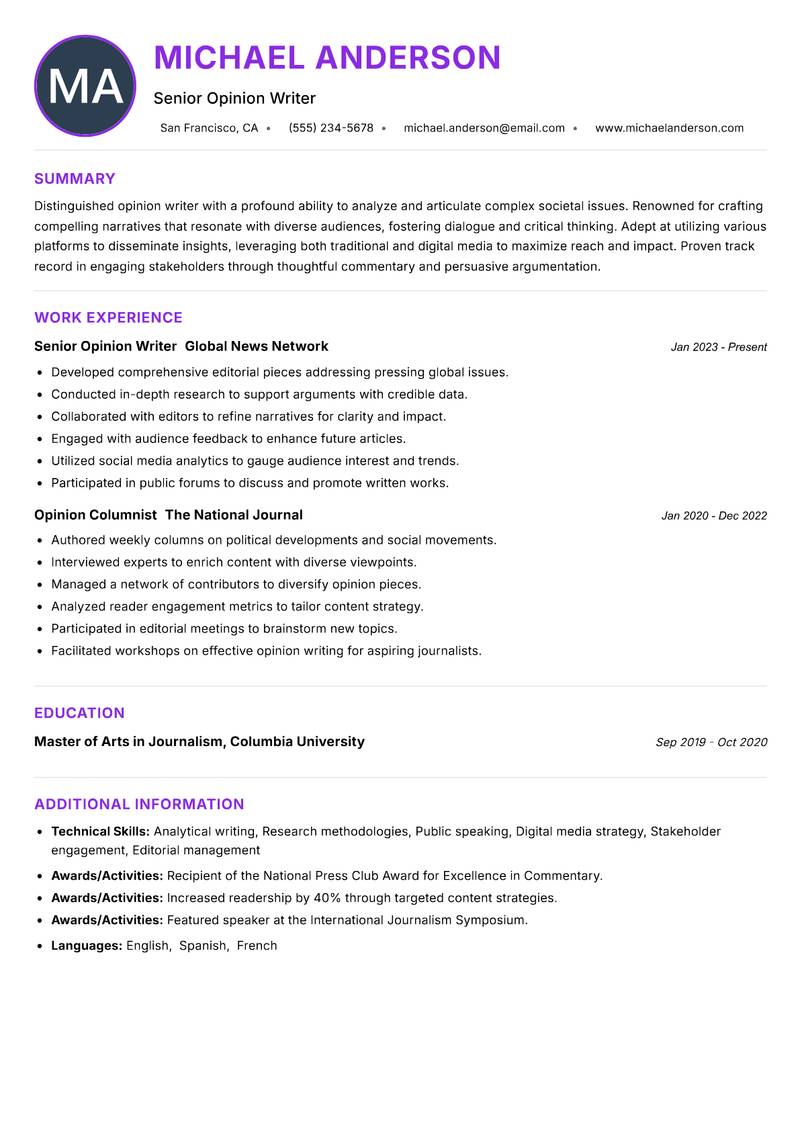 Opinion Writer resume example — ATS-friendly template