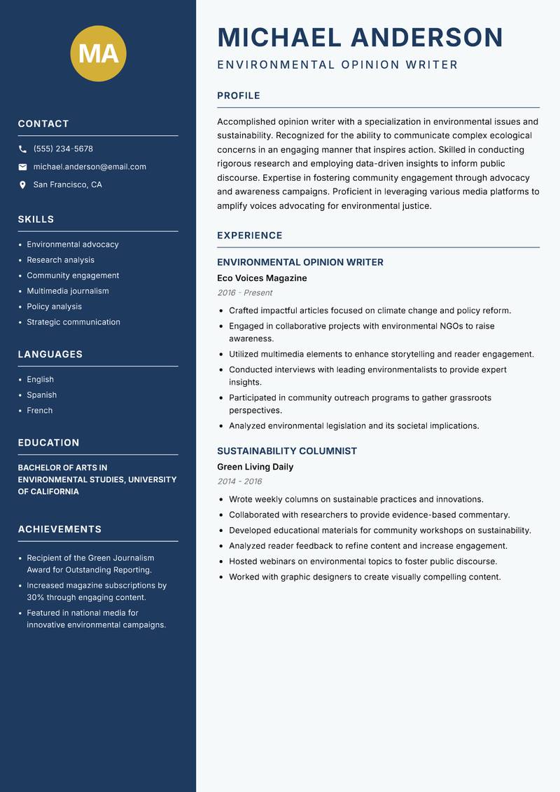 Opinion Writer resume template — Classic Clean