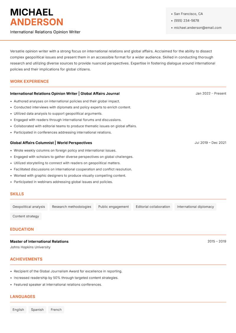 Opinion Writer resume template — Modern Professional