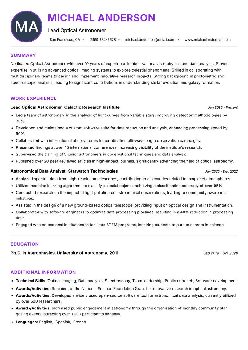 Optical Astronomer resume example — ATS-friendly template