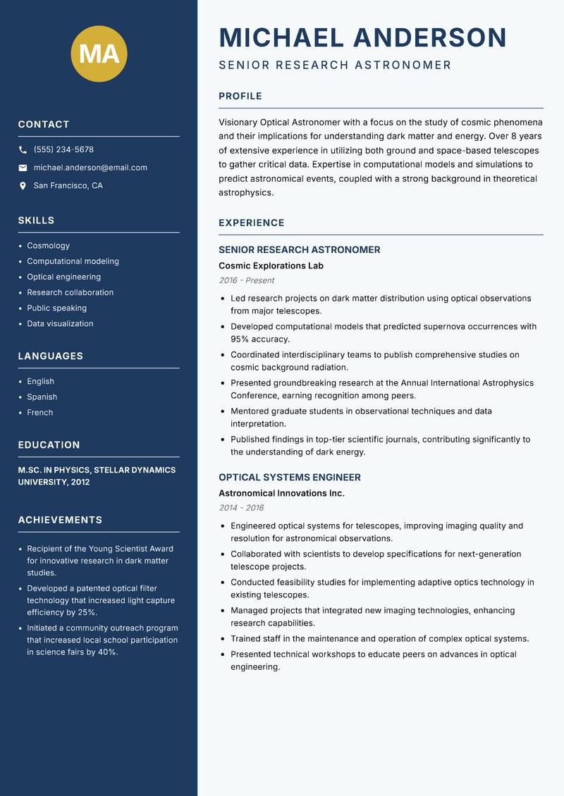 Optical Astronomer resume template — Classic Clean