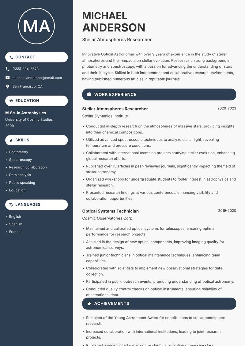 Optical Astronomer resume template — Compact