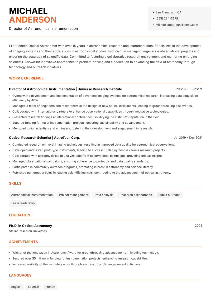 Optical Astronomer resume template — Modern Professional