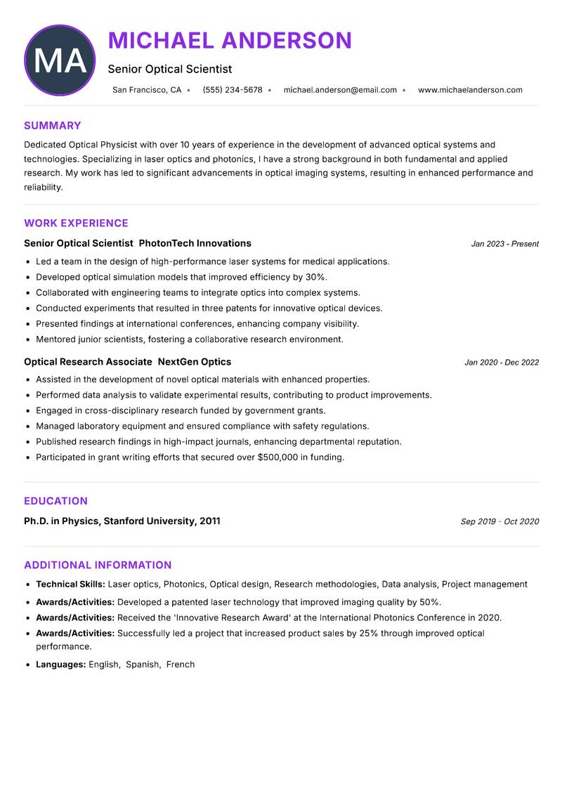 Optical Physicist resume example — ATS-friendly template