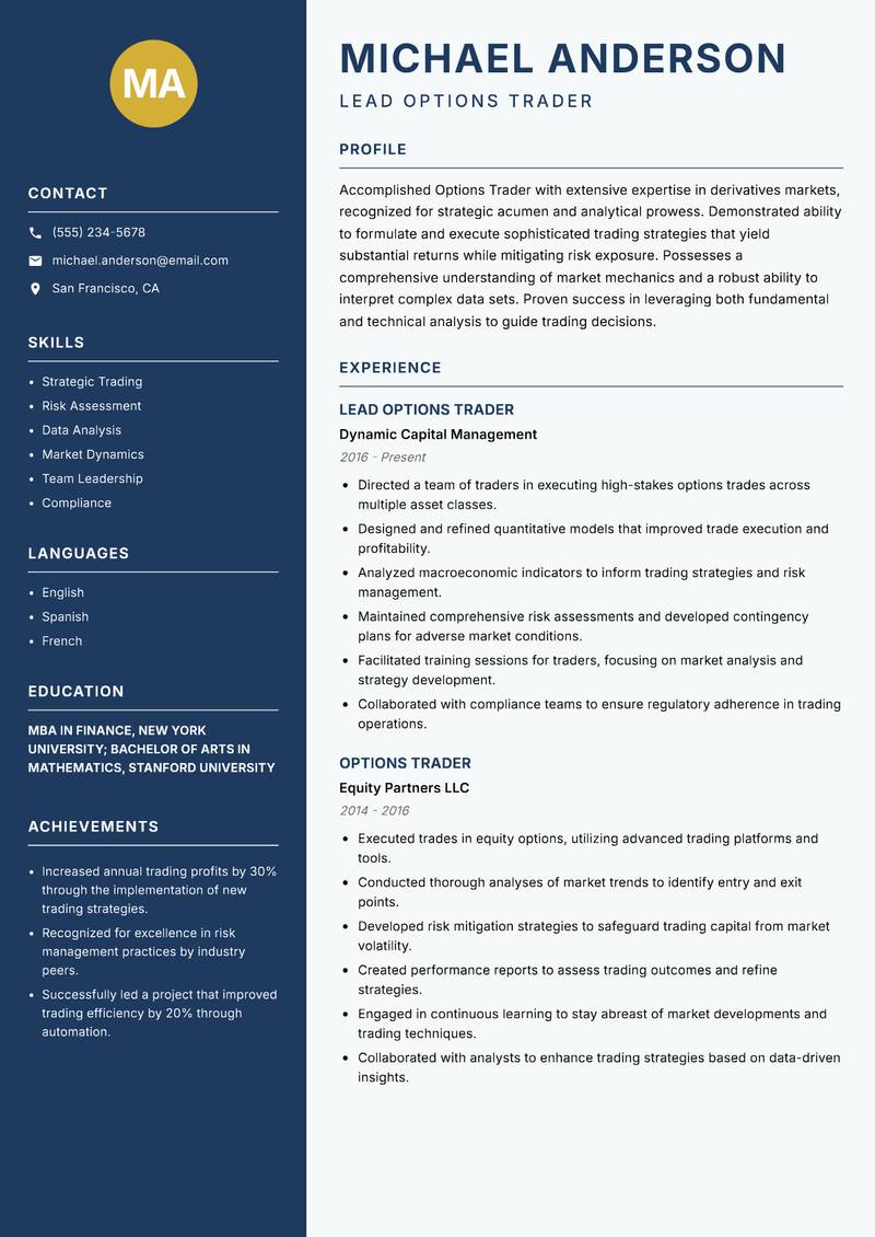 Options Trader resume template — Classic Clean