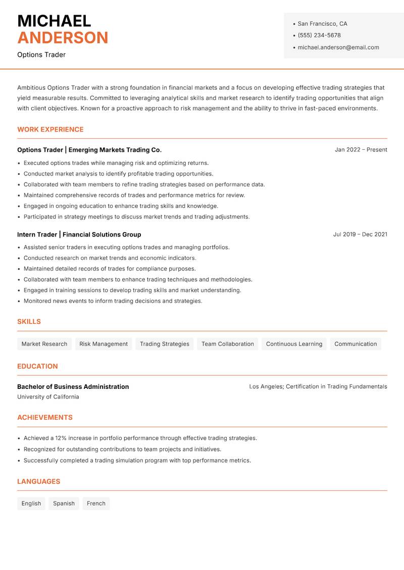 Options Trader resume template — Modern Professional