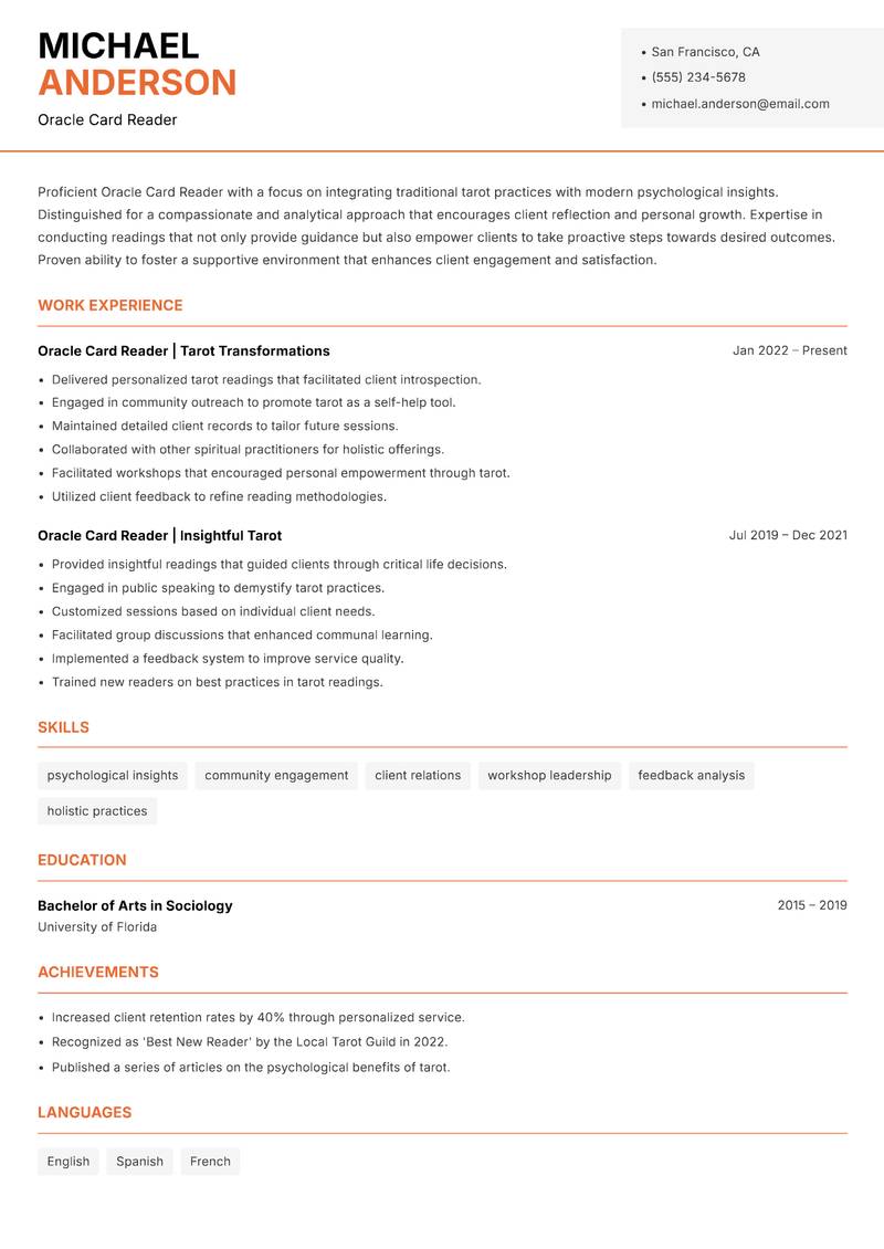 Oracle Card Reader resume template — Modern Professional