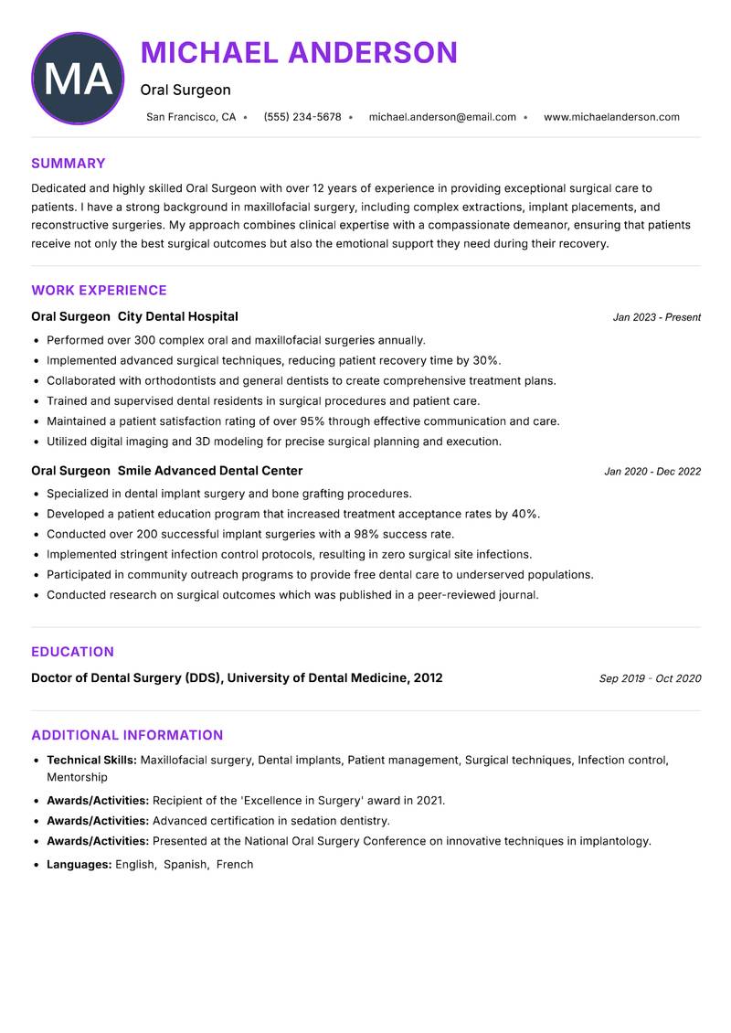 Oral Surgeon resume example — ATS-friendly template