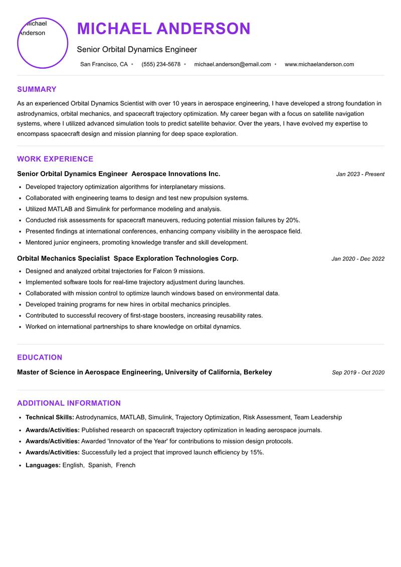 Orbital Dynamics Scientist resume example — ATS-friendly template