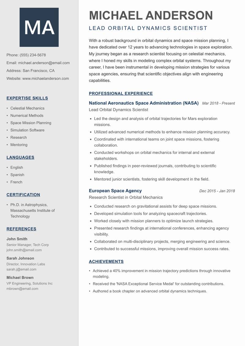 Orbital Dynamics Scientist resume template — Creative Minimal