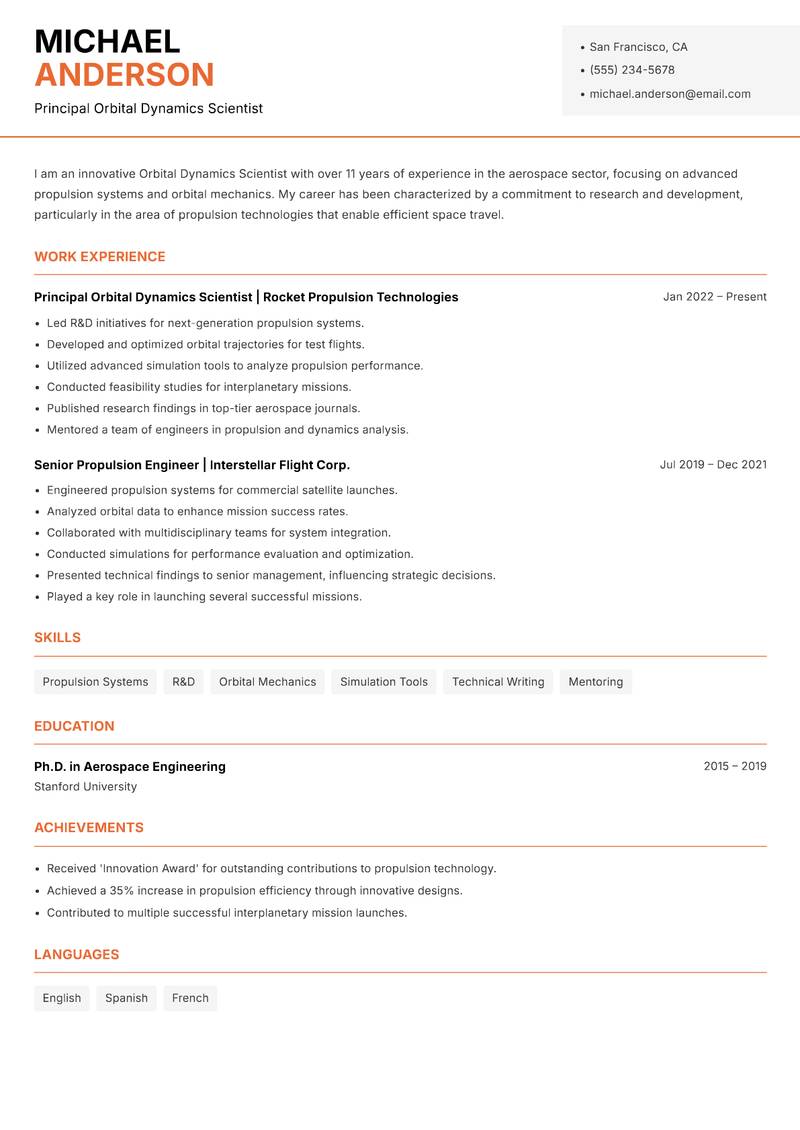 Orbital Dynamics Scientist resume template — Modern Professional