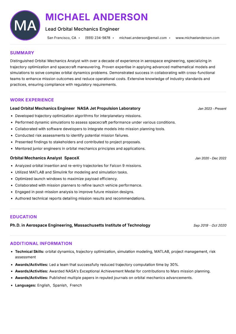 Orbital Mechanics Analyst resume example — ATS-friendly template