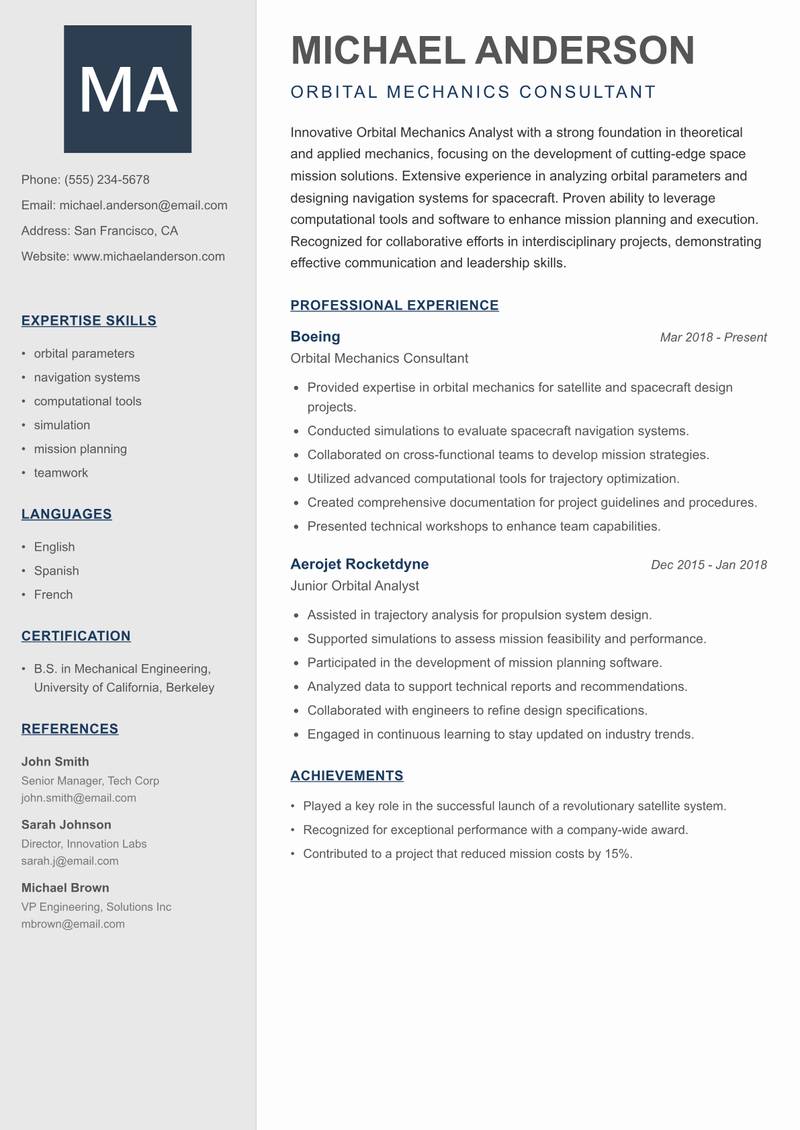 Orbital Mechanics Analyst resume template — Creative Minimal
