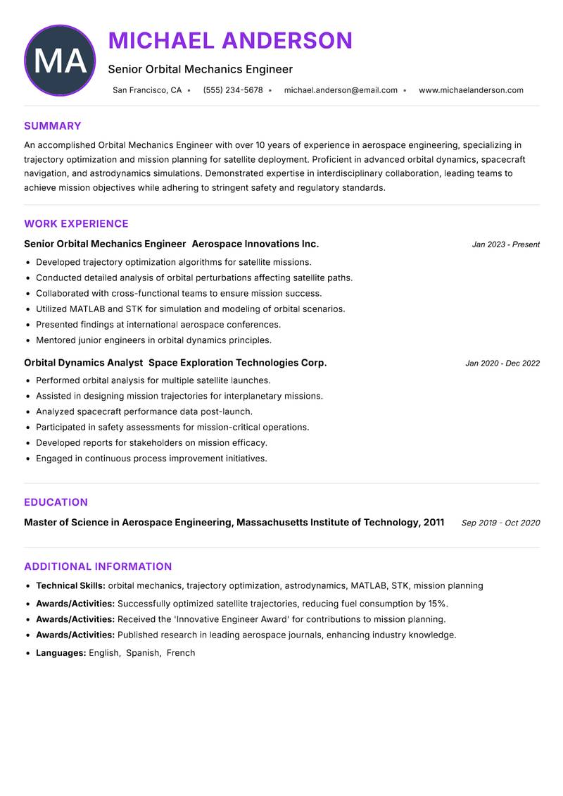Orbital Mechanics Engineer resume example — ATS-friendly template