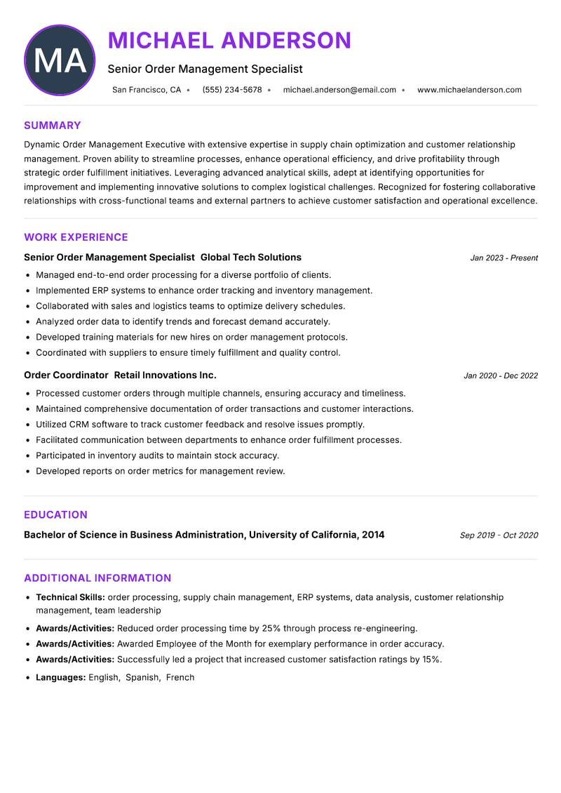 Order Management Executive resume example — ATS-friendly template