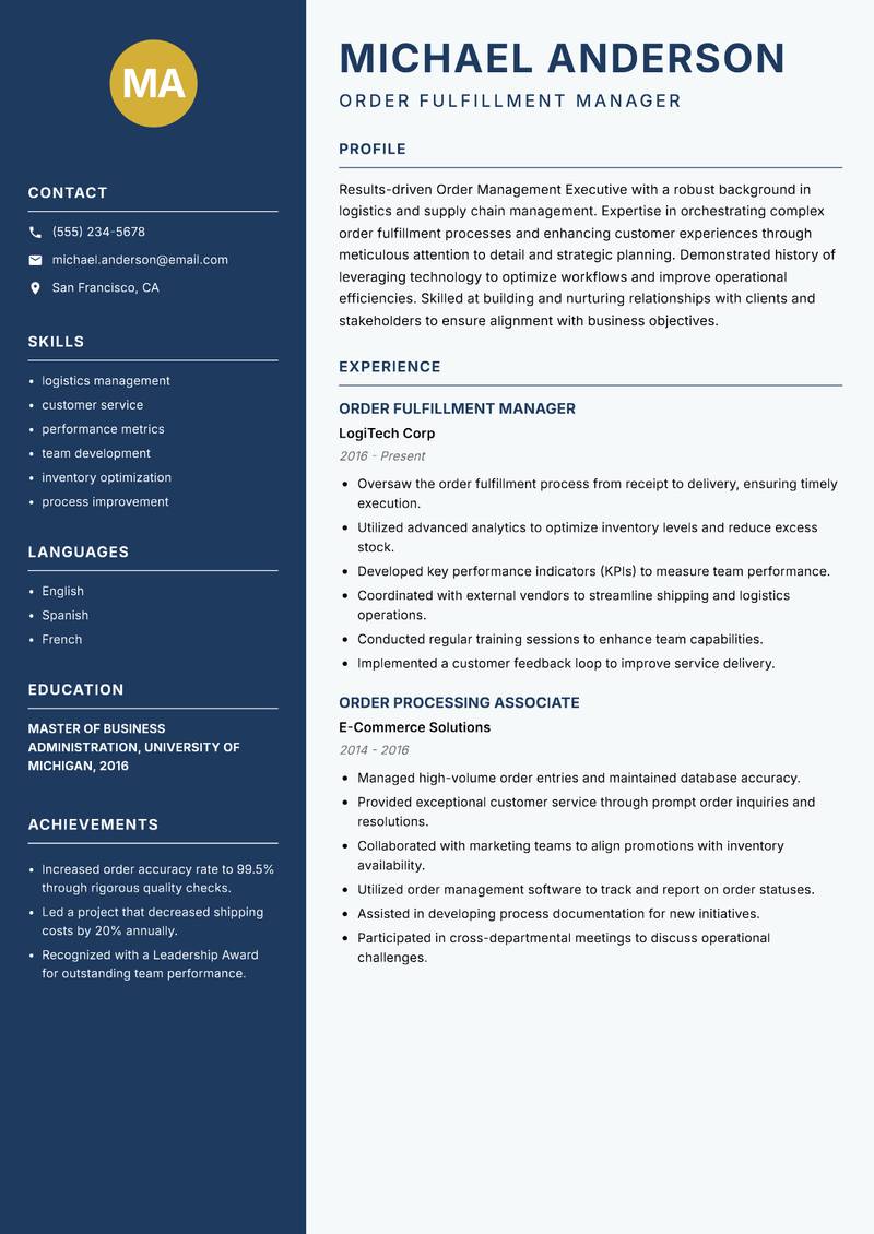 Order Management Executive resume template — Classic Clean