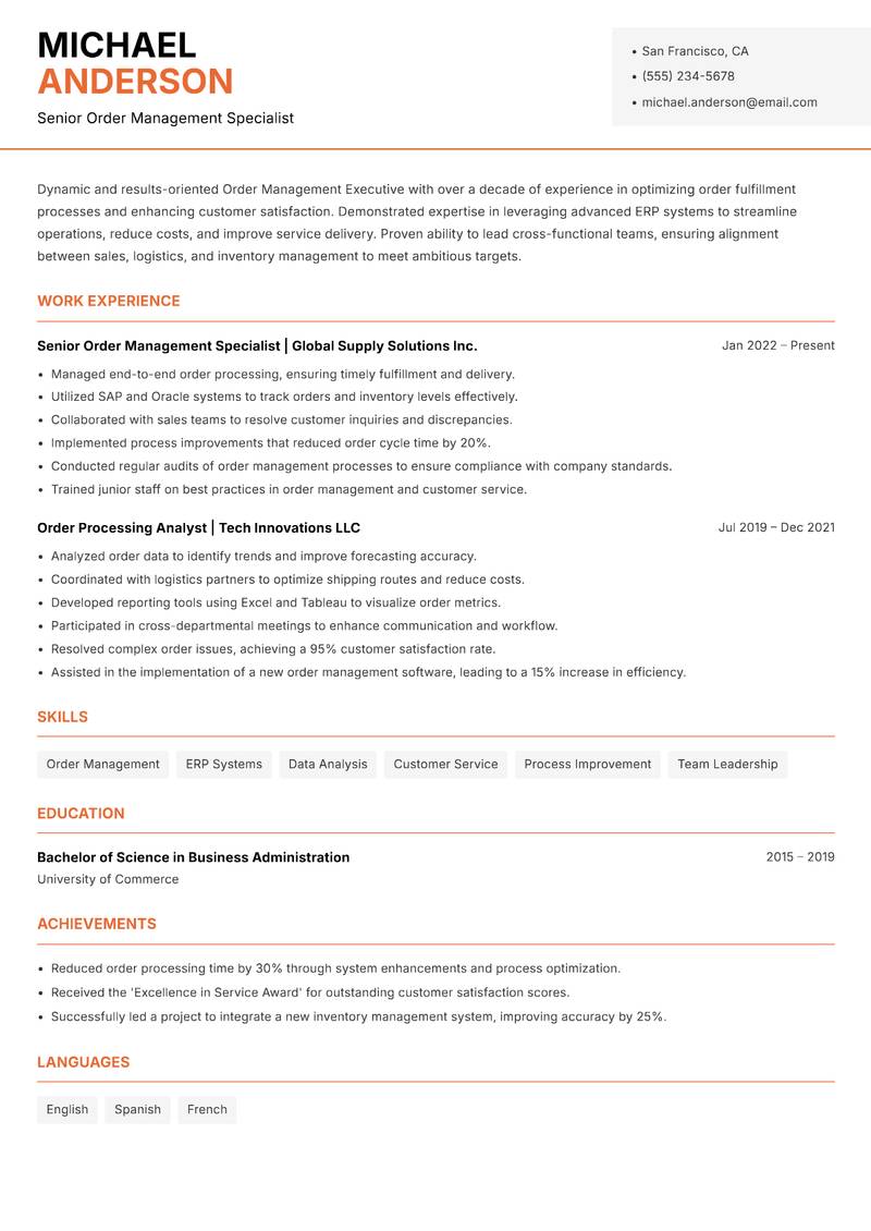 Order Management Executive resume template — Modern Professional