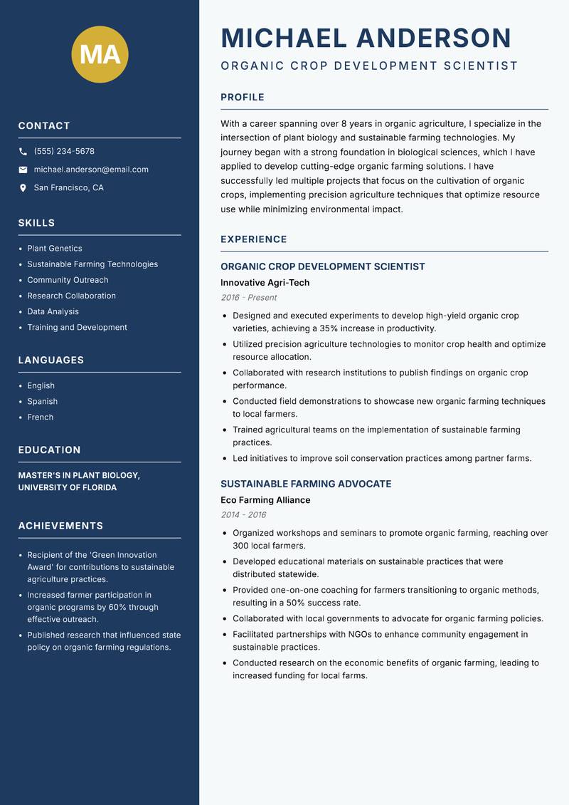 Organic Agriculture Scientist resume template — Classic Clean
