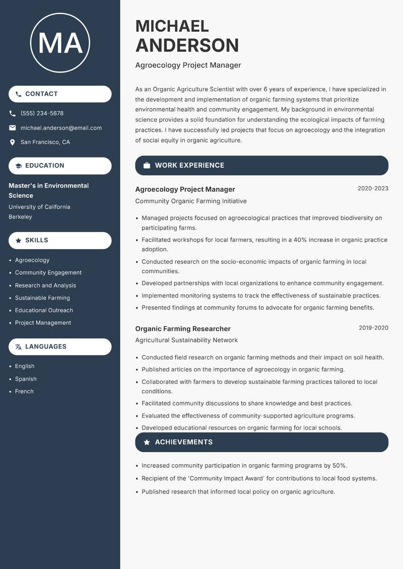 Organic Agriculture Scientist resume template — Compact