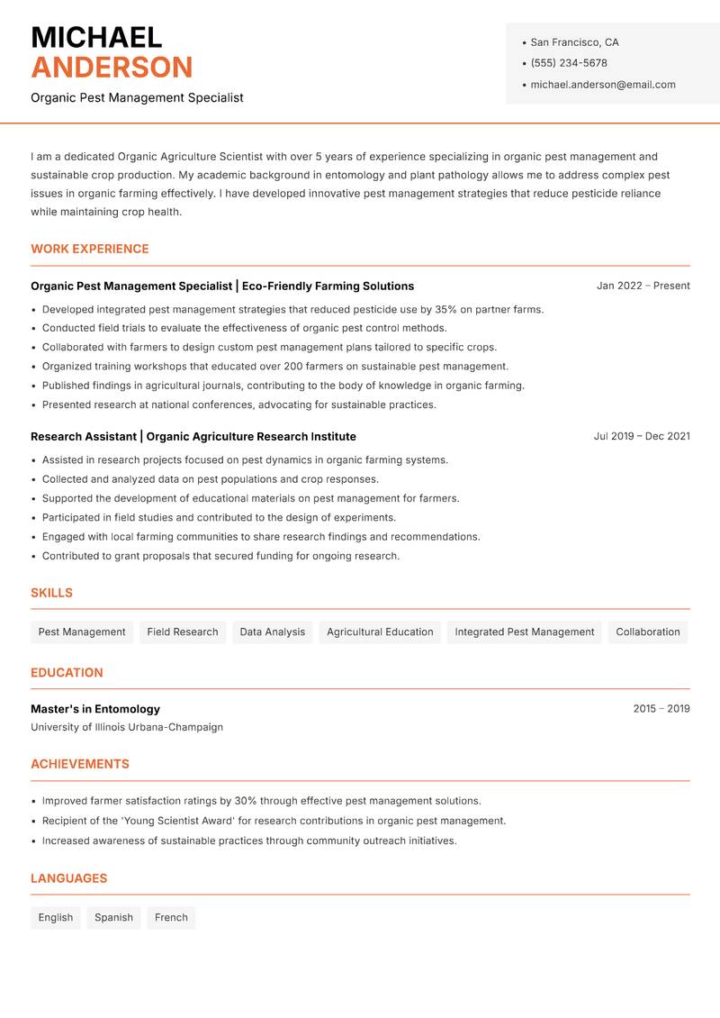 Organic Agriculture Scientist resume template — Modern Professional