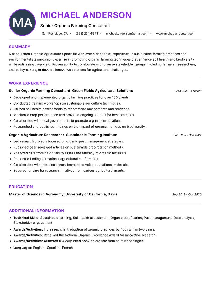 Organic Agriculture Specialist resume example — ATS-friendly template