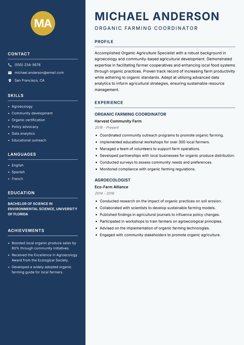 Organic Agriculture Specialist resume template — Classic Clean
