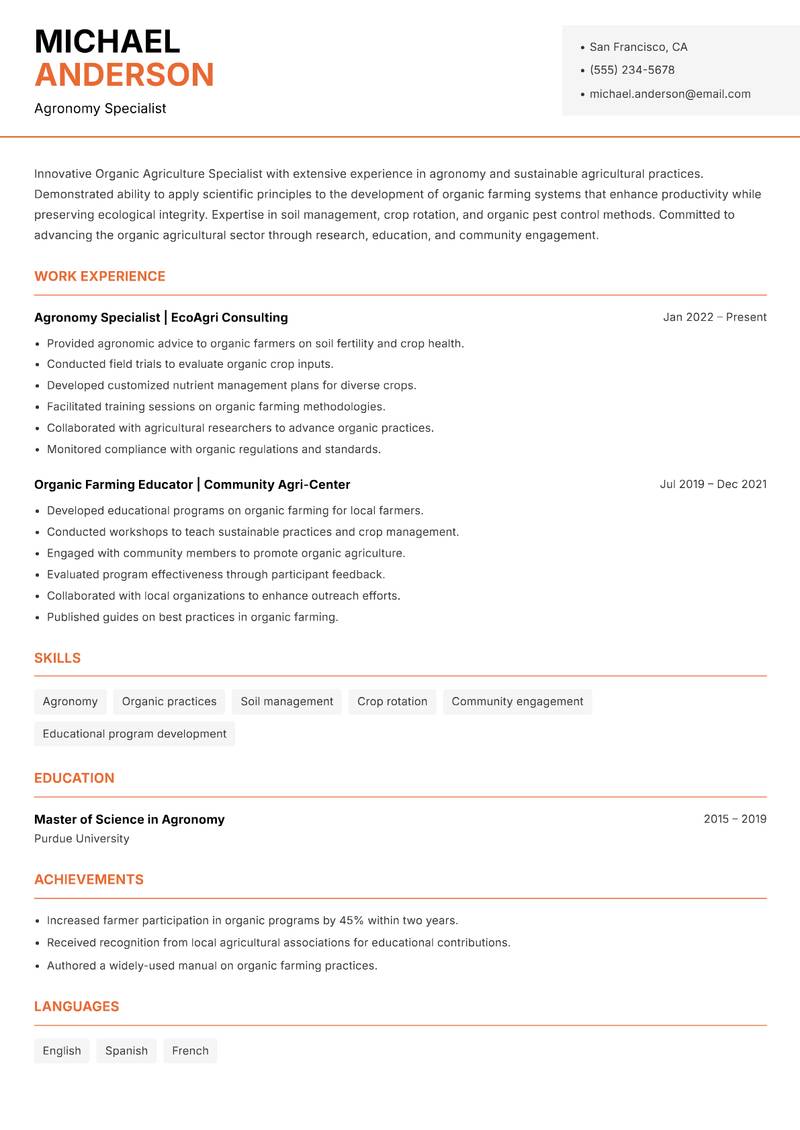 Organic Agriculture Specialist resume template — Modern Professional