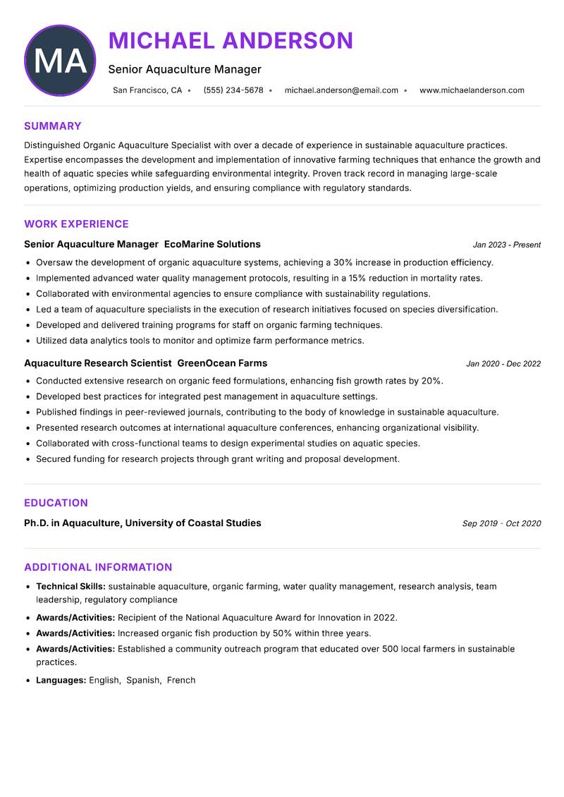 Organic Aquaculture Specialist resume example — ATS-friendly template