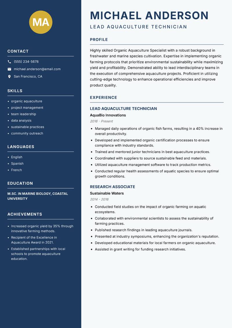 Organic Aquaculture Specialist resume template — Classic Clean