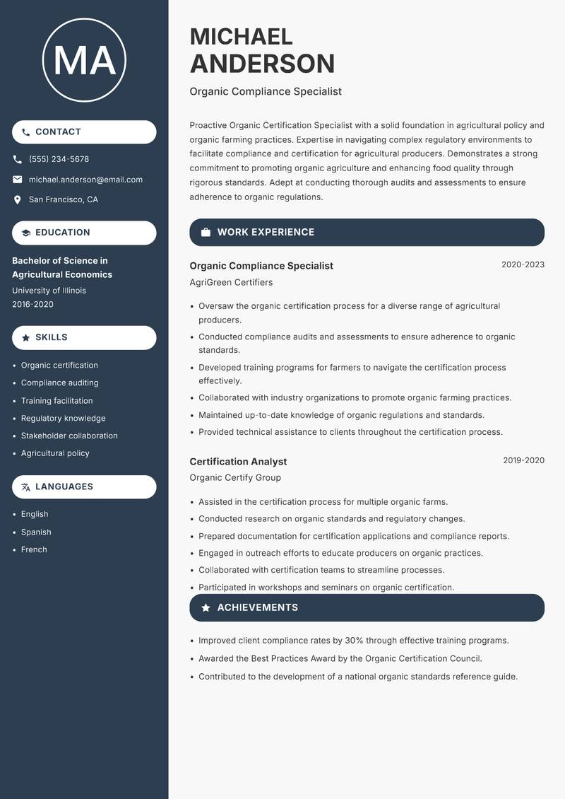 Organic Certification Specialist resume template — Compact