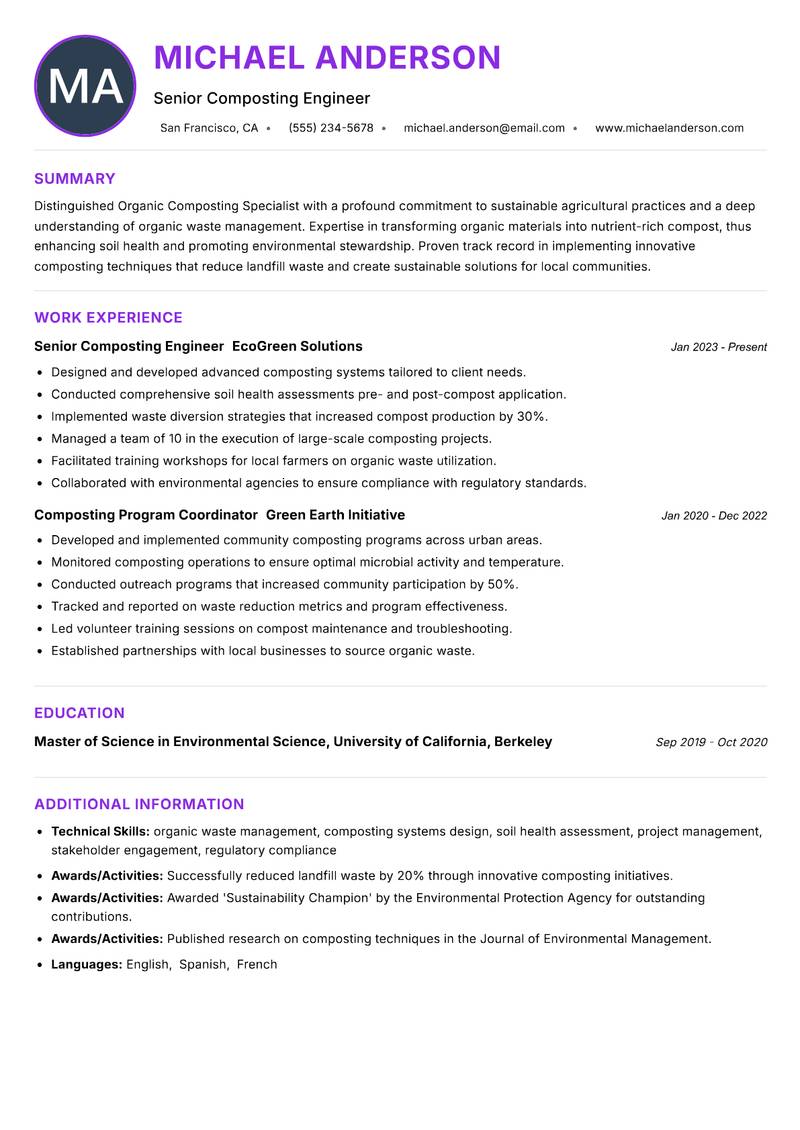 Organic Composting Specialist resume example — ATS-friendly template