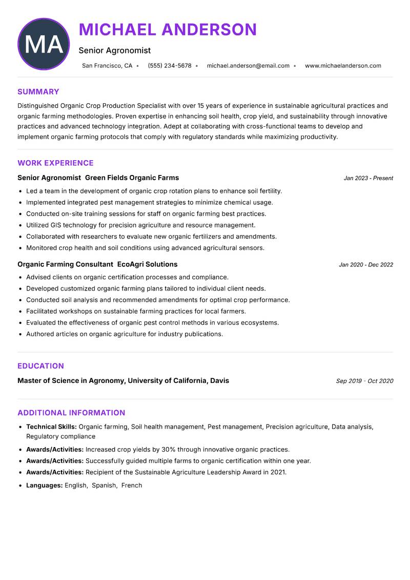 Organic Crop Production Specialist resume example — ATS-friendly template