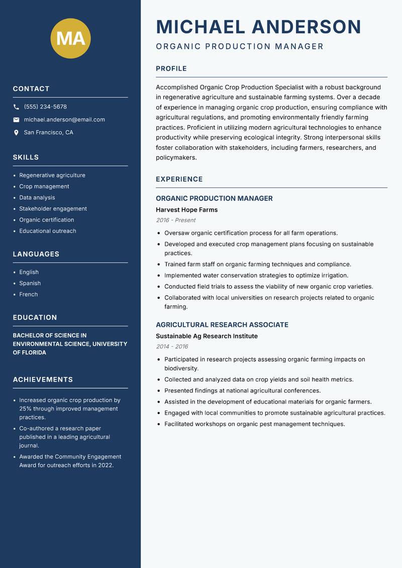 Organic Crop Production Specialist resume template — Classic Clean
