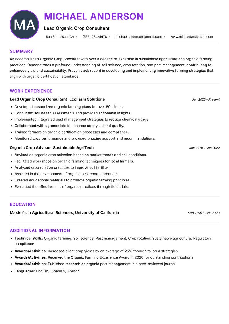 Organic Crop Specialist resume example — ATS-friendly template