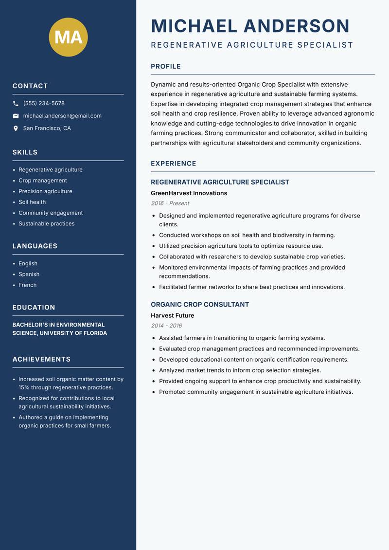 Organic Crop Specialist resume template — Classic Clean