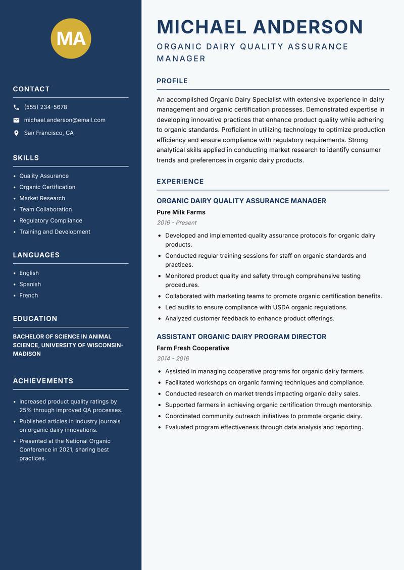 Organic Dairy Specialist resume template — Classic Clean