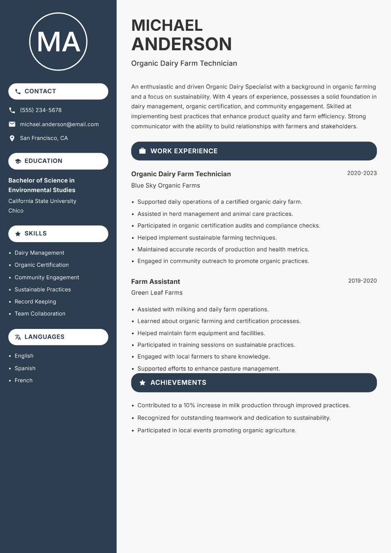 Organic Dairy Specialist resume template — Compact